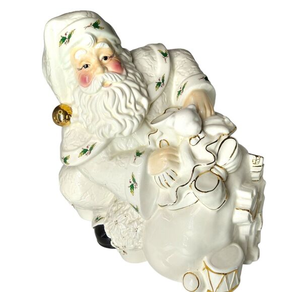 Holly Holiday Santa Claus Cookie Jar Large Ceramic Bag of Toys Holly Trim - Picture 5 of 13
